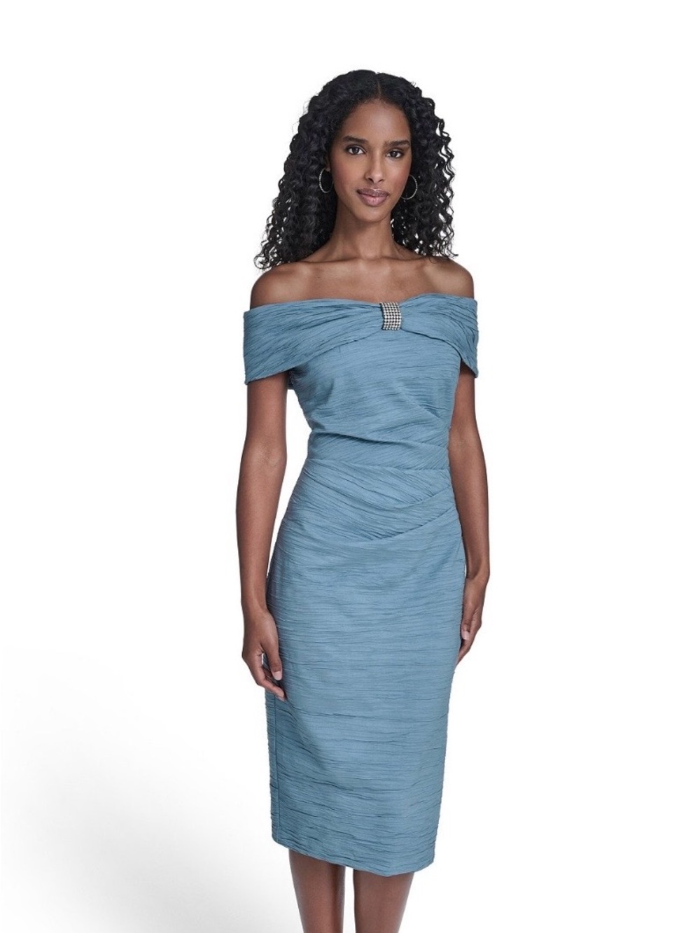 Jessica Howard Blue Off-Shoulder Sheath Dress with Rhinestone Accent